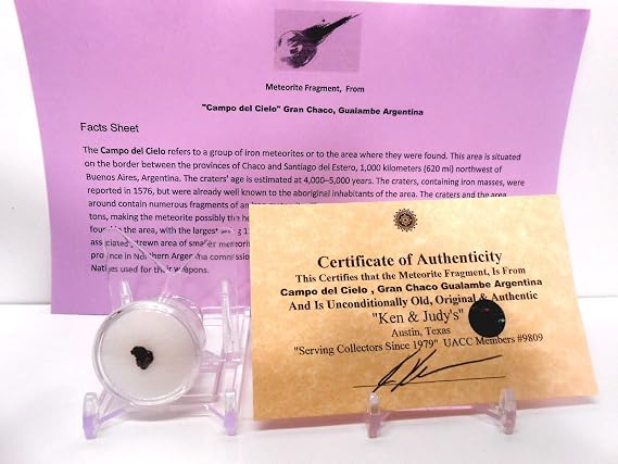 Genuine Campo del Cielo Meteorite Fragment from Gualamba,Argentina with Free Acrylic Display Stand, Meteor Fact Sheet & COA Bundle