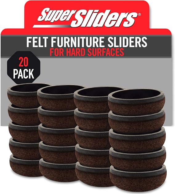 Super Sliders 1" Round Formed Secure Reusable Felt Furniture Sliders for Hard Surfaces, Noise-Reducing Adhesive Furniture Moving Pads, Fits 1" Legs, Set of 20, Brown