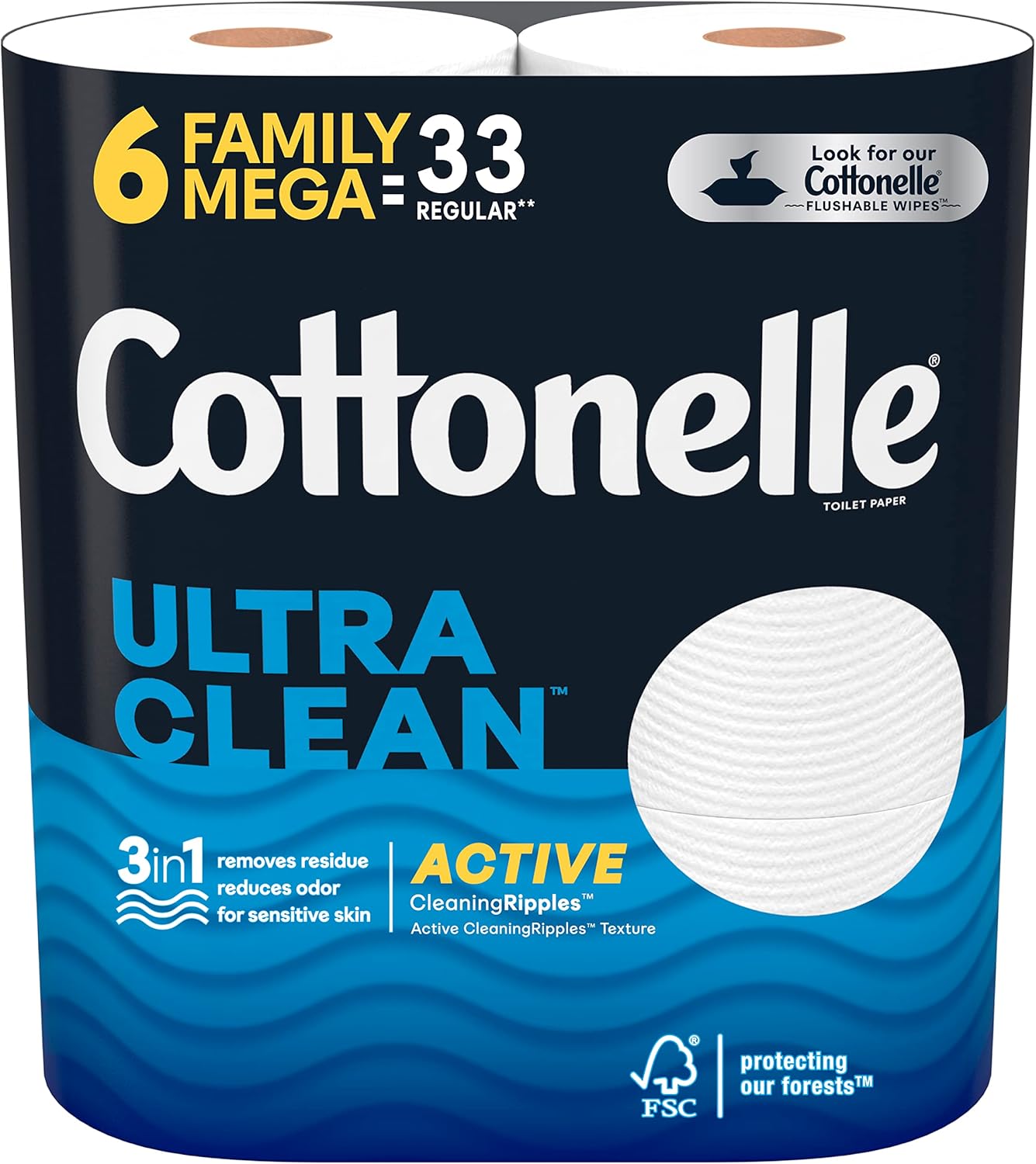 Cottonelle Ultra Clean Toilet Paper with Active CleaningRipples Texture, Strong Bath Tissue, 6 Family Mega Rolls = 33 Regular Rolls, 388 Sheets per Roll