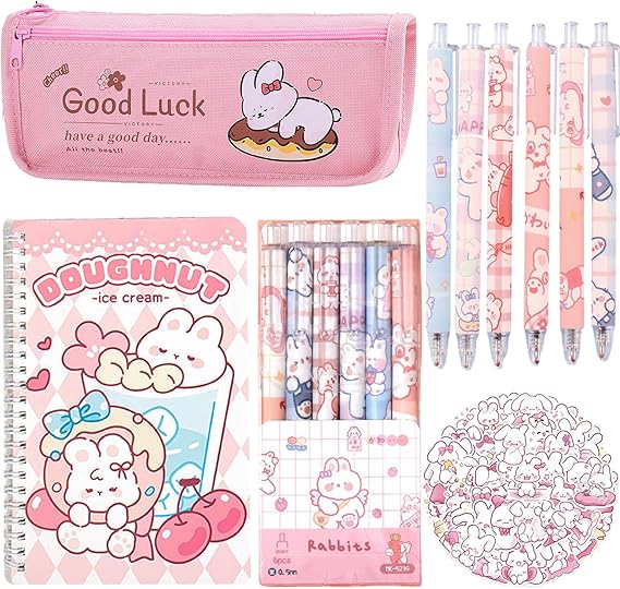 58PCS Cute Rabbit School Supplies Set Kawaii Stationery Kit Back to School, Including Notebook,Gel Pens,Pencil Case,Stickers,Festival Holiday Birthday Party Favors Easter Basket Stuffers