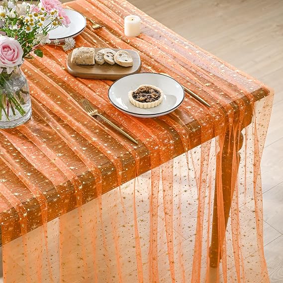 Horaldaily Orange Gold Sparkling Star Gauze Tablecloth 60x84 Inch Rectangular, Golden Star Sequin Glitter Metallic Foil, Sheer Tulle Cheesecloth for Wedding Baby Shower Party