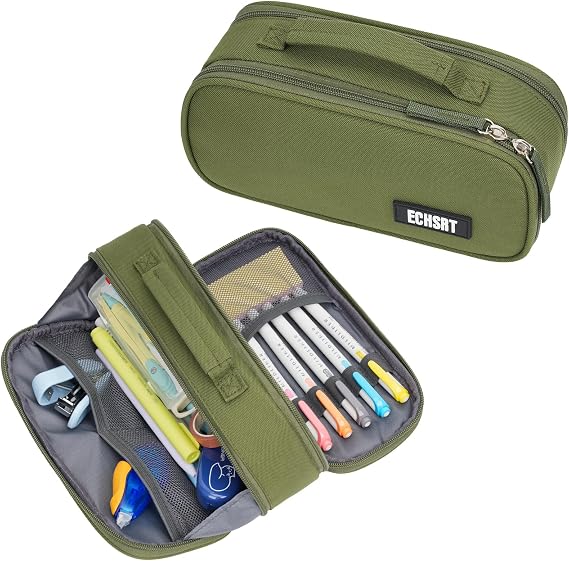 ECHSRT Large Tactical Pencil Case, 3-Compartment Zipper Pouch, Olive Green
