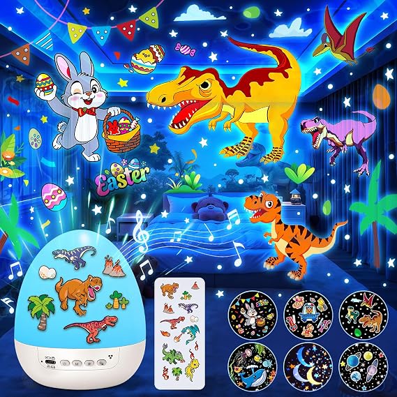Egg Light Gifts for Kids Sound Machine | 15 Sleeping Sounds+14HD Films+7 Colors+360°Rotating | Easter Gifts for Kids Primal Hatch Dinosaur Egg Night Light for Nursery Boy Toys Hatch Sound Machine
