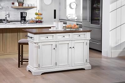 OSP Home Furnishings Cocina Kitchen Island with Wood Top, Drop Leaf and Decorative Steel Hardware, White and Brown