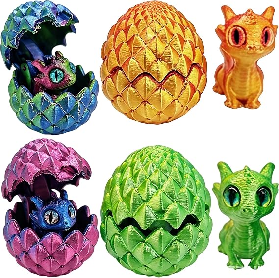 3D Printed Dragon Egg, Four Piece Dragon Egg Collection with Dragons Inside, Desktop Decor for Home and Office, Fantasy Collectible Display Set, Stress Relief Fidget Toy with Detailed Dragon Designs