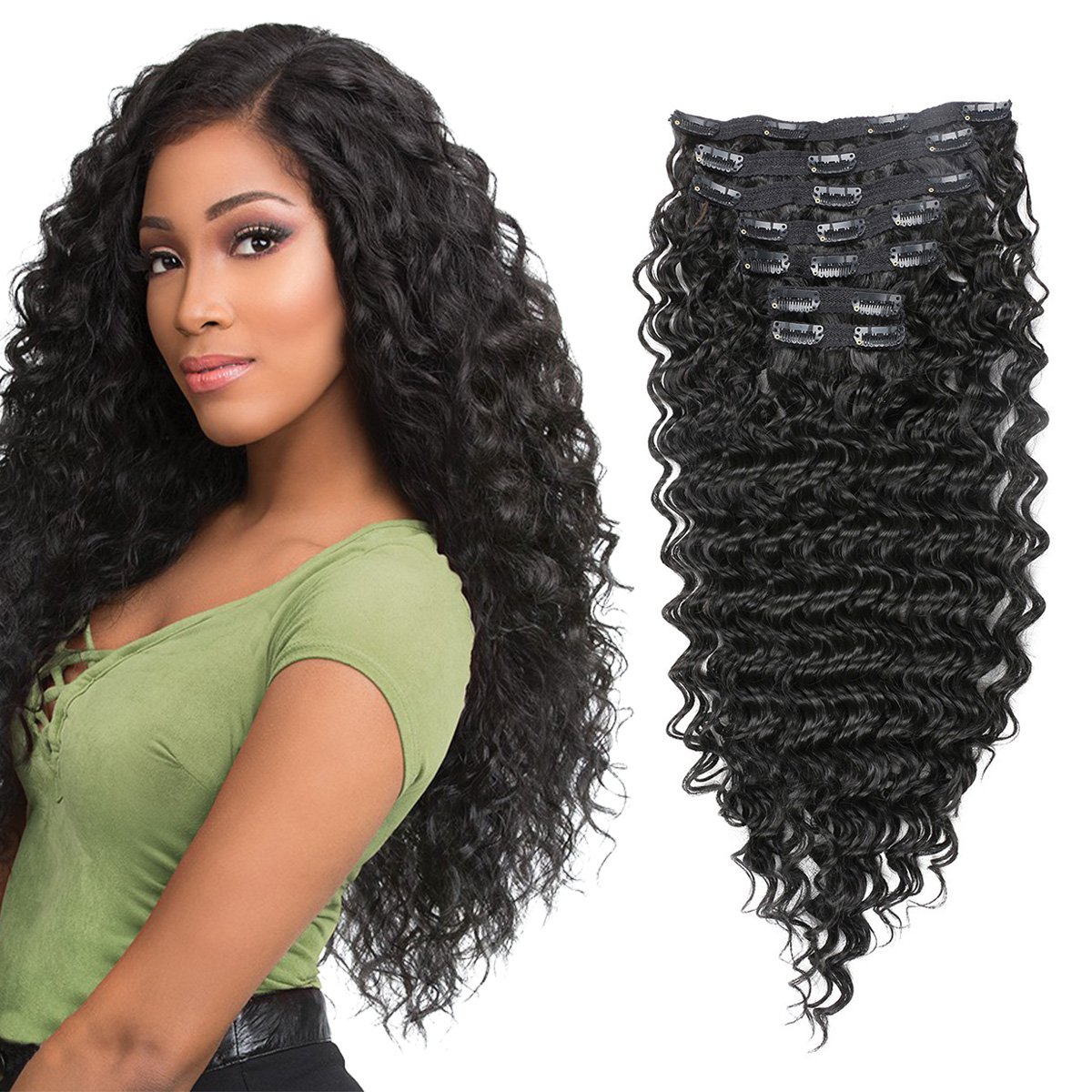 Synthetic Curly Clip in Hair Extensions Double Weft Full Head Deep Wave Hair Pieces Heat Resistance Thick Deep Wave Clip In 7 Pieces24inches, #1B Natural Black
