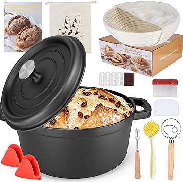 Cast Iron Dutch Oven for Bread Baking 5QT, Sourdough Dutch Oven Pot with lid, Banneton Bread Proofing Basket, Mitts & Baking Supplies, Sourdough Starter Kit for Bread Making Frying Braising Camping