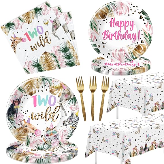 APOWBLS Two Wild Birthday Decorations Girl, Jungle Animal Theme, Serves 24