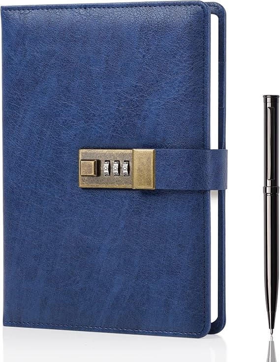 WEMATE Diary with Lock, A5 Journal with Lock 240 Pages, Locking Journal with Pen & Gift Box, Lockable Diary Planner Organizer for Men and Women, 8.6x5.8in Blue