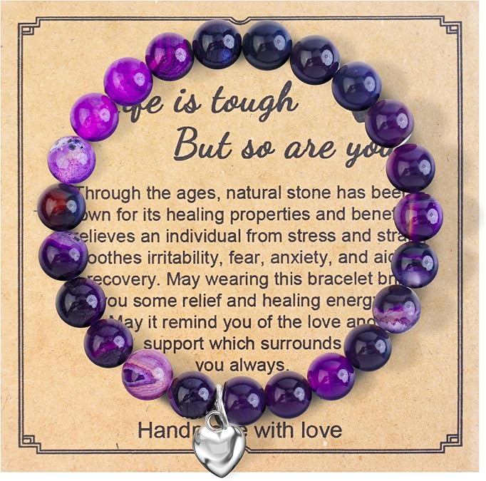 Natural Stone Bracelet for Women Pink Ribbon Awareness Handmade Beaded Encouragement Gift with Message Card