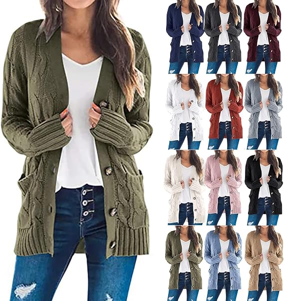 Cardigan for Women Casual Fall Button Down Open Front Cable Knit Cardigans Sweaters Long Sleeve Winter Outerwear
