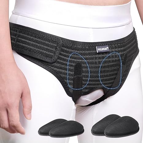 VELPEAU Hernia Belt for Men & Women - Bilateral/Double Inguinal, Groin Hernia Support Truss Underwear Briefs, Pain Relief Recovery Adjustable Strap with 2 Removable Medical Compression Pads (Black, S)