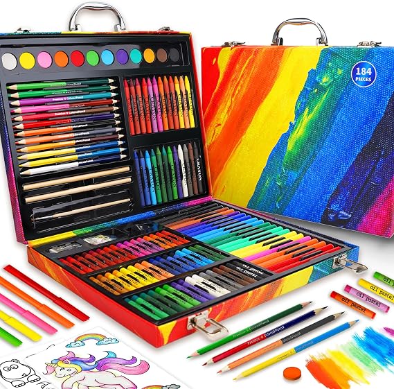 Okiki Art Supplies Kit for Kids Ages 5-12, 184-Pack Art Case Coloring Set, Drawing Kits with Gifts Box, Arts Set for Kids Girls Boys, Crayons, Pastels, Double-ended Colored Pencils, Coloring Book