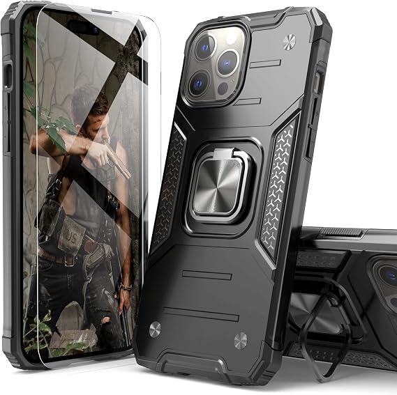 for iPhone 15 Case with Screen Protector, for iPhone 15 Case for Men, Hybrid Drop Test Cover with Car Mount Kickstand Sturdy Shockproof Slim Fit Protective Phone Cover for iPhone 15,Black