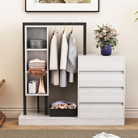Freestanding Closet System with 4 Drawers and 3 Shelves, Open Wardrobe for Small Places (White)