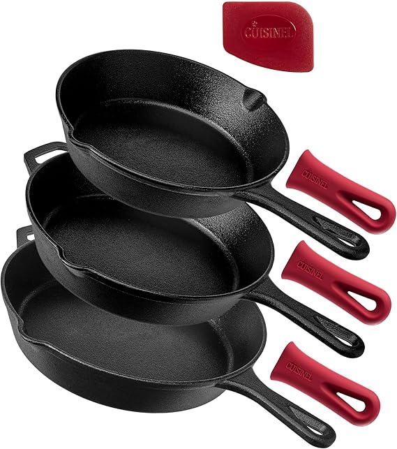 Cuisinel Cast Iron Skillet Set - 8" + 10" + 12"-Inch Pre-Seasoned Frying Pans + Silicone Handle Grip Covers - Indoor/Outdoor, Oven, Grill, Stove, BBQ, Fire, Induction Safe Kitchen and Camping Cookware