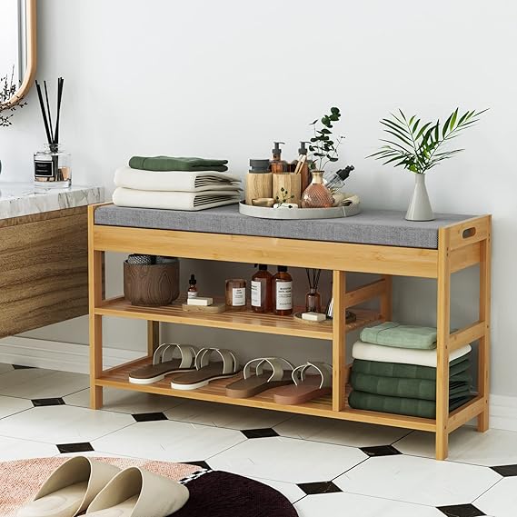 HIFIT 2-Tier Entryway Shoe Rack Bench with Storage, 36 in Bamboo Storage Bench with Padded Seat, Shoe Oiganizer Shelf for Entryway Mudroom Bathroom Hallway, Natural