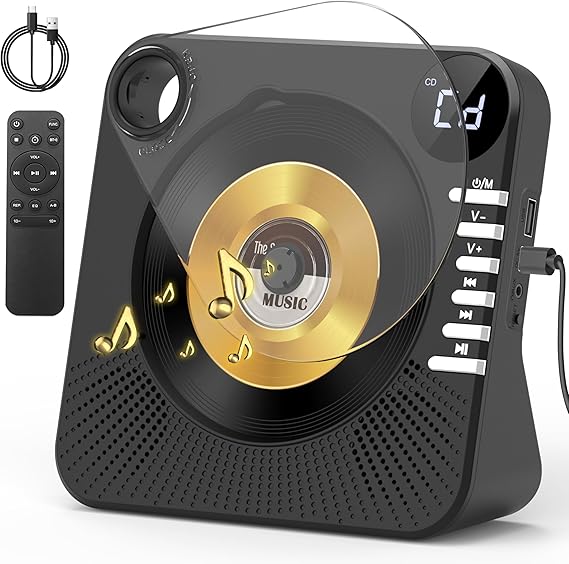CD Player with HiFi Dual Speaker Bluetooth/USB/AUX Mode for Home Black | Desktop CD Player with Remote Control,Dust Cover,LCD Display,Sleep Timer,EQ Sound,A-B Repeat,Kids,Gift
