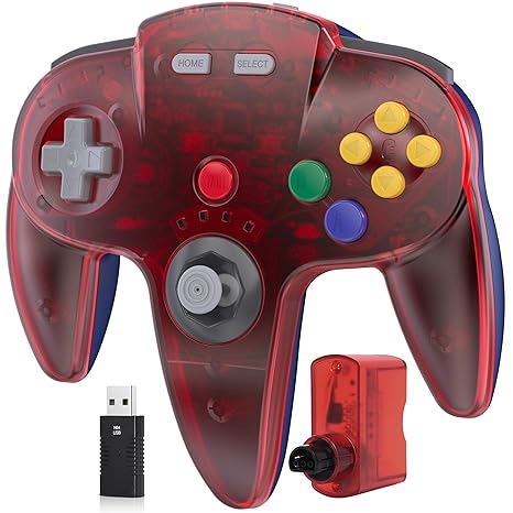 2.4 GHz Wireless N64 Switch Online Controller, USB Receiver & N64 Receiver, Compatible with Windows PC Laptop iOS Mac Raspberry Pi, N64 / Switch Online/NSO - (Rechargeable) (Plug and Play) Clear Red