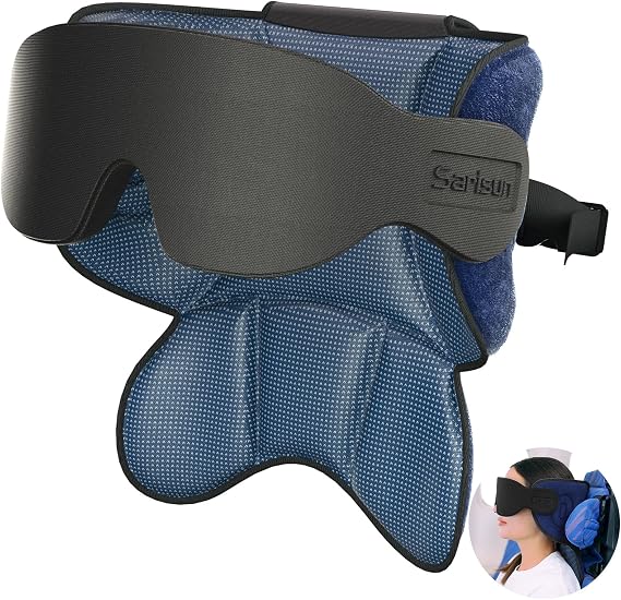 SARISUN Airplane Travel Pillow with Strap, Stable Head Support, MottledBlue | Adjustable head support with 3D eye mask for long flight, trains and road trips, Reduce head movement, stop bobblehead