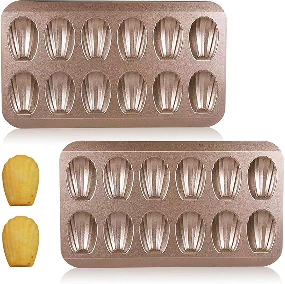 2 Pack Madeleine Pans for Baking, 12 Cavity Heavy Duty Shell Shape Baking Mold Nonstick Cookie Cake Pan for Oven(Gold)