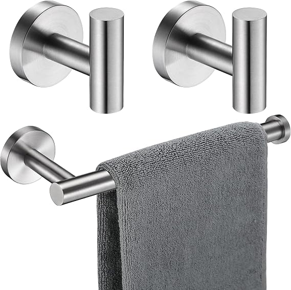 Brushed Nickel Bathroom Hardware Set 3 Pieces SUS304 Stainless Steel Round Wall Mounted Set Including 9 Inch Round Heavy Duty Towel Rack, Robe Towel Hooks,Bathroom Accessories Kit