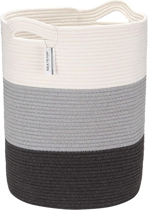 Sea Team Large Woven Cotton Rope Laundry Basket with Handles, 20 x 14 in | Collapsible Knitted Hamper, Closet Shelf Organizers, Containers for Clothing, Blankets, Toys, Bedding, Gray
