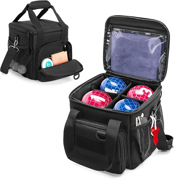 DSLEAF Bocce Ball Carry Bag Holds up to 8 Balls, Portable Bocce Ball Storage Bag with Multiple Pockets and Detachable Shoulder Strap for Easy Carrying(Only Bag, Not Including Balls)