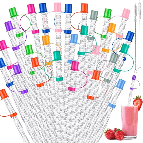 Supkiir 50 Pack Bendy Straws with Straw Tips Cover, 11 Flexible Straws Reusable Bendable Straws, Plastic Colored Long Drinking Straw with Cleaning Brushes for Jumbo Mugs Water Bottle Party Supplies