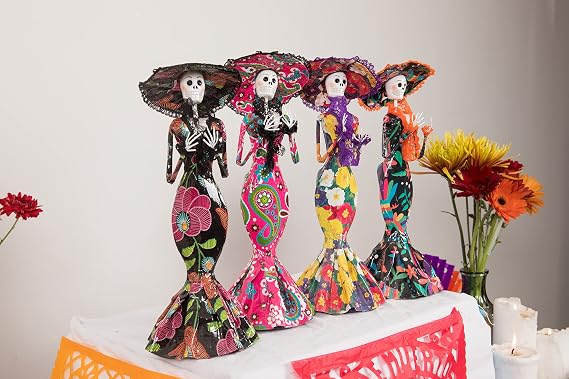 LA Catrina Dia de Los Muertos Sculptured Papel Mache Figurine TWO10.6 Tall Artisan Made Figurine