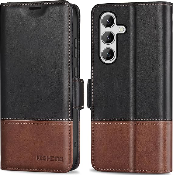 KEZiHOME for Samsung S25+ Plus Case, Galaxy S25 Plus Wallet Case, Genuine Leather Stand RFID Blocking Card Holder Magnetic Flip Phone Cover Compatible with Galaxy S25 Plus 5G (2025) (Black/Brown)