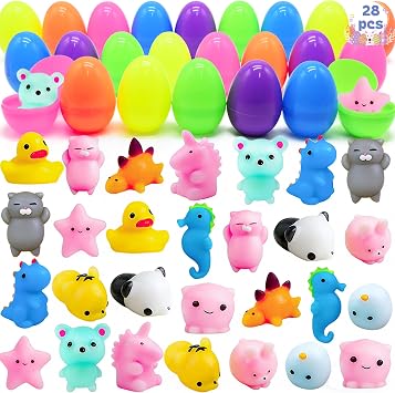 LUKBERA 28Pcs Easter Eggs with Mochi Squishy Toys, Mini Kawaii Animals Squishies Stress Relief for Kids Easter Egg Hunt Easter Basket Stuffers School Classroom Gifts