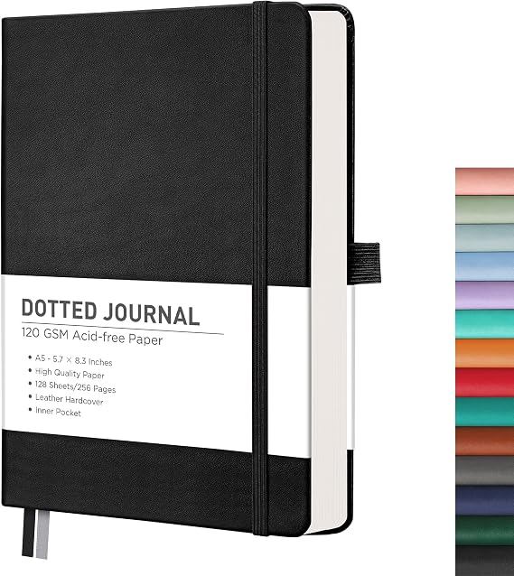 RETTACY Dotted Journal Notebook, 256 Pages, A5 Medium Size (5.7'' 8.3'') | Leather Hardcover, 120 GSM Thick Paper, for Journaling, Planning, Tracking (Black)