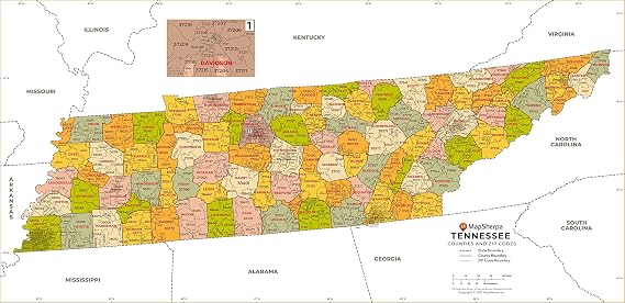 Tennessee ZIP Code Map with Counties - Extra Large - 60" x 29.25" Paper