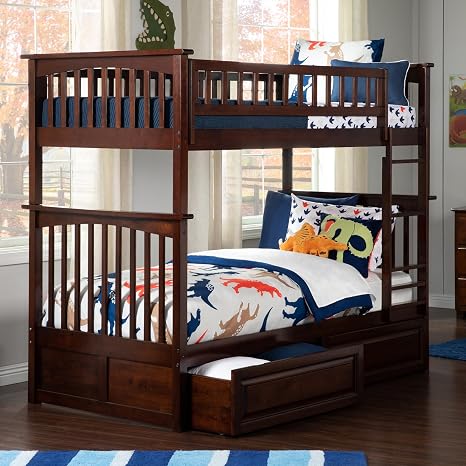AFI, Columbia Bunk Bed Twin Over Twin with Raised Panel Bed Drawers, Walnut