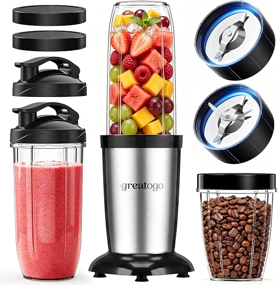 Personal Bullet Blender for Smoothies and Shakes, Kitchen Portable Compact Smoothie Maker with 224oz To-Go Cups, 10oz Grinding Cup for Frozen Drinks, Small Ice, and Spices