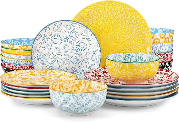 vancasso Selene 24 Pieces Colorful Ceramics Plates and Bowls Set for 6 | Floral Patterned Dinner Set Crockery Set with Dinner Plate/Dessert Plate/Pasta Bowl/Cereal Bowl, Mircowave &amp; Dishwasher Safe