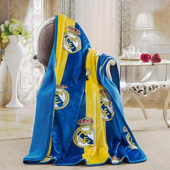 Real Madrid Sherpa Lined Throw 50"x60" - Fleece Fan Couch Bed Blanket | Officially Real Madrid blanket with authentic club crest. Duallayer silky fleece , fadeproof print, ideal soccerfan gift.
