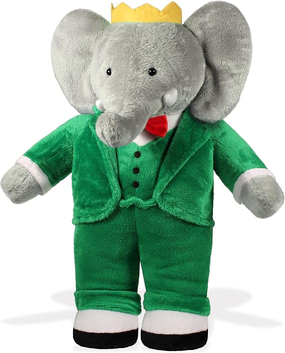 YOTTOY Babar Elephant Plush Classic Standing Babar Stuffed Animal Toy Wearing Green Suit, Red Bowtie and Crown, Soft 13 Inch Babar Character Plush from the Beloved Children's Book, Gift for Kids