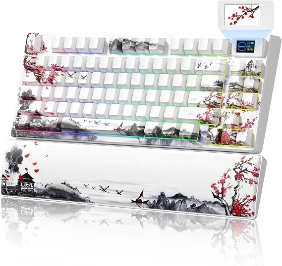 Womier 75% Wireless Mechanical Keyboard with Color Multimedia Screen Gaming Keyboard, Theme 3-Modes Hot Swappable Key Board w/Wrist Rest,SK80 PRO Gasket RGB Custom for Mac/Win,Red Plum