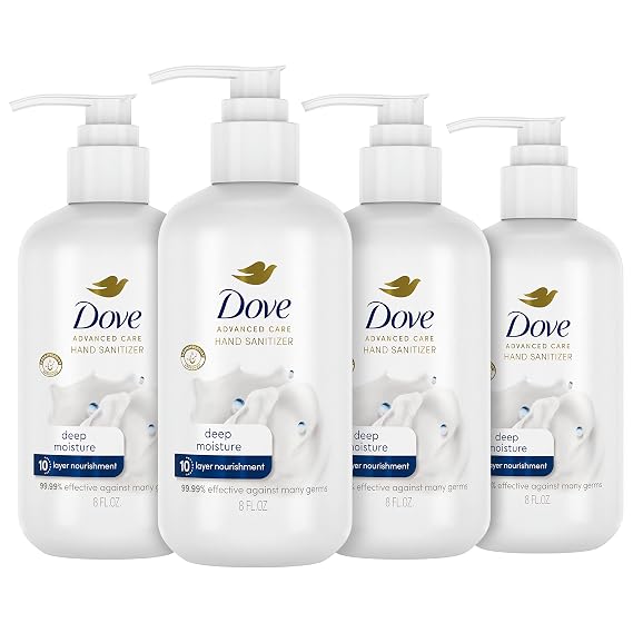Dove Advanced Care Hand Sanitizer Deep Moisture Pack of 4 for Soft, Smooth Skin 99.99% Effective Against Many Germs, 8 oz