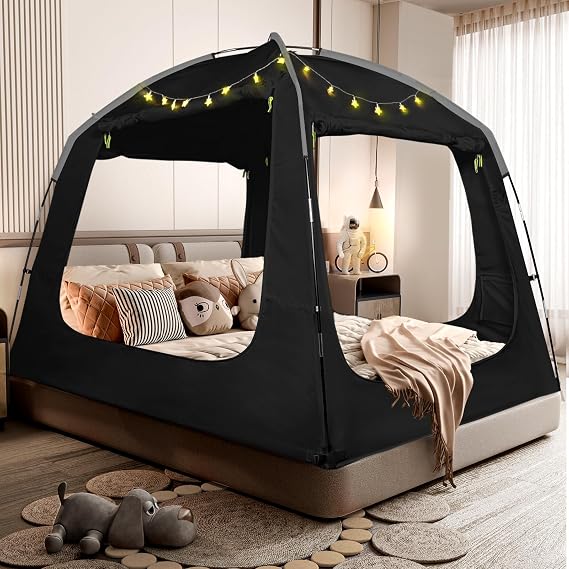 Bed Tent Queen Bed Canopy for Adult and Kids Indoor Blackout Sleep Tents | 4 Doors Breathable 100% Portable Dream Tents Privacy Big Space with String Light Floor Use or Twin Full Queen King Size