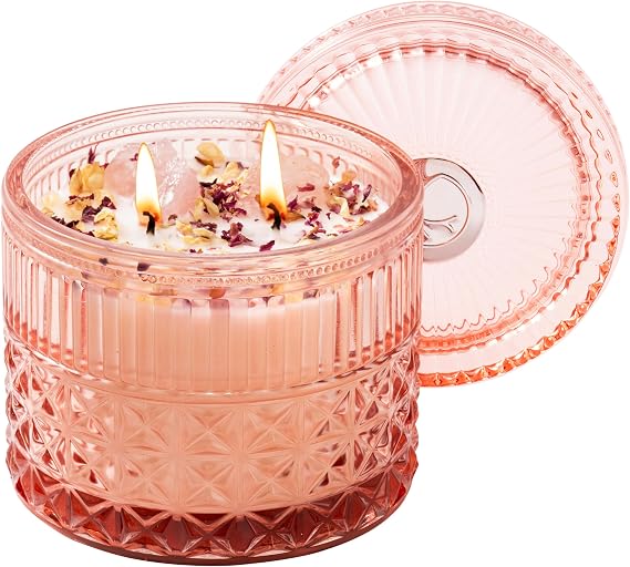 Chloefu Lan Unique Gifts for Women, Rose Quartz Crystals Pink Candles Gifts | 2 wick Handmade Giant Candle for Home, Romantic Elegant Candles Infused Healing Stones, Rose Sandalwood Candle, 14 Oz