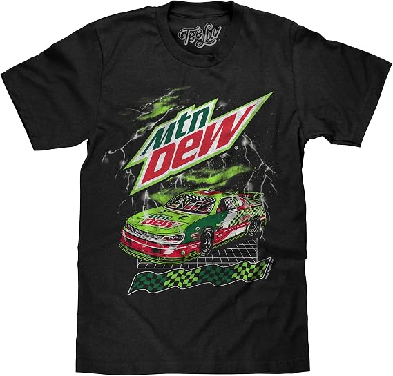 Tee Luv Men's MTN Dew Racecar T-Shirt - Mountain Dew Soda Logo Racing Shirt