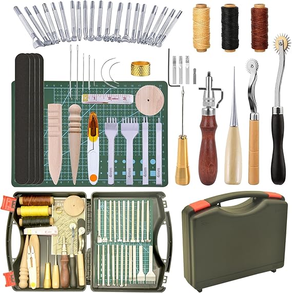 59 Pieces Leather Working Kit Leather Tools and Supplies with Storage Box,Starter Kit with Waxed Thread Groover Awl Stitching Punch Stamping Tools for Craft Making