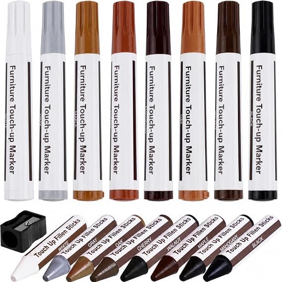 SEISSO Furniture Markers Touch Up - 17PCS Furniture Repair Kit, 8 Colors Wood Markers and Wax Sticks with Sharpener Kit Used for Stains, Scratch, Wood Floors, Stains, Tables, Desks, and Cover Ups