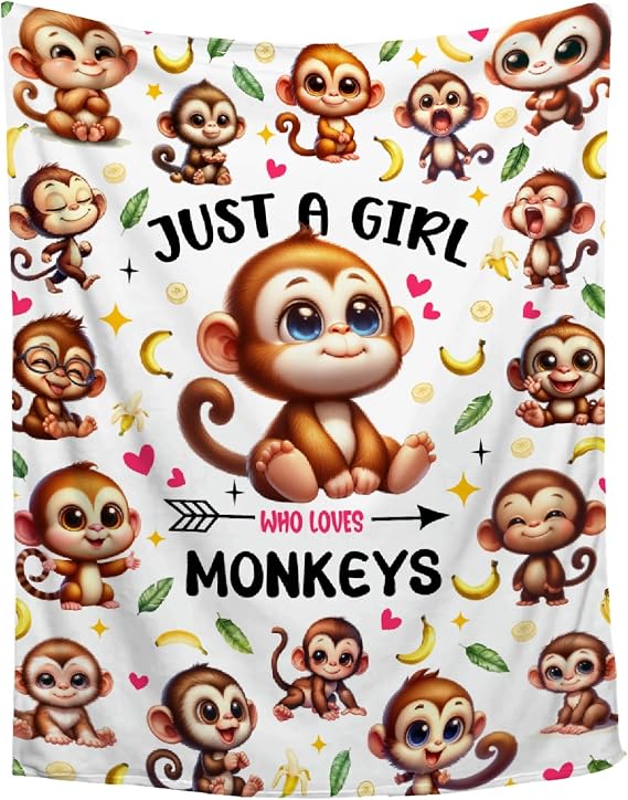 Cute Monkey Blanket Gifts for Girl Women - Super Soft Flannel Throw Decor for Sofa Couch Bedroom - Monkey Animal Pattern Bed Blanket Decor Gifts Ideas - 50"x60"-Teens/Travel Size