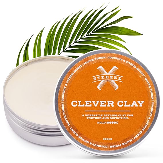 Steezee Clever Clay Hair Clay for Men, Strong Hold Hair Styling Clay, Matte Finish, Adds Texture & Volume, Nourishing Water-Based Formula, Reworkable All-Day Hold, 3.4 oz