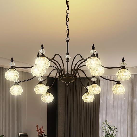 41" Vintage Crystal Chandelier - 12-Light Antique Victorian Pendant Light with Crystal Glass Shades, Modern Farmhouse Hanging Light Fixtures for Kitchen Island Living Room Office (41in)