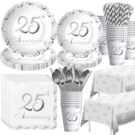 APOWBLS 25th Anniversary Decorations Tableware Wedding, Silver, Serves 24